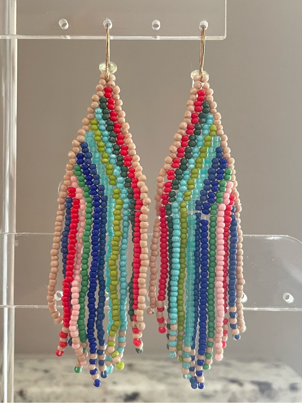 Retro Stripe Red Blue Green Tan Beaded Earrings NWOT